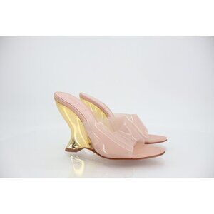 Schutz Womens Size 5.5 Aprill Vynil Slip On Open Toe Wedge Sandals Pink Gold
